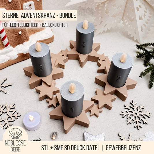 Sterne Adventskranz mit Kerzen * für LED Teelicht | Ballonlicht * Bundle * STL + 3MF 3D Druckdatei