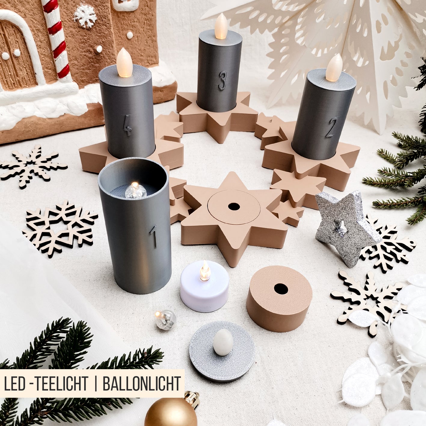 Sterne Adventskranz mit Kerzen * für LED Teelicht | Ballonlicht * Bundle * STL + 3MF 3D Druckdatei