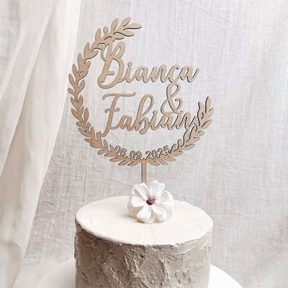 Cake Topper Hochzeit offener Blätterkranz * personalisiert mit Vornamen & Hochzeitsdatum