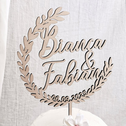 Cake Topper Hochzeit offener Blätterkranz * personalisiert mit Vornamen & Hochzeitsdatum