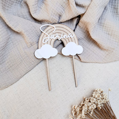 Cake Topper * Regenbogen mit weißen Wolken * Personalisiert mit Namen * Holz & Acryl