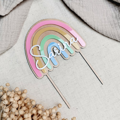 Cake Topper * Regenbogen in Pastellfarben * Personalisiert mit Namen * Holz & Acryl