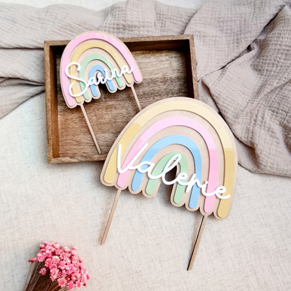 Cake Topper * Regenbogen in Pastellfarben * Personalisiert mit Namen * Holz & Acryl