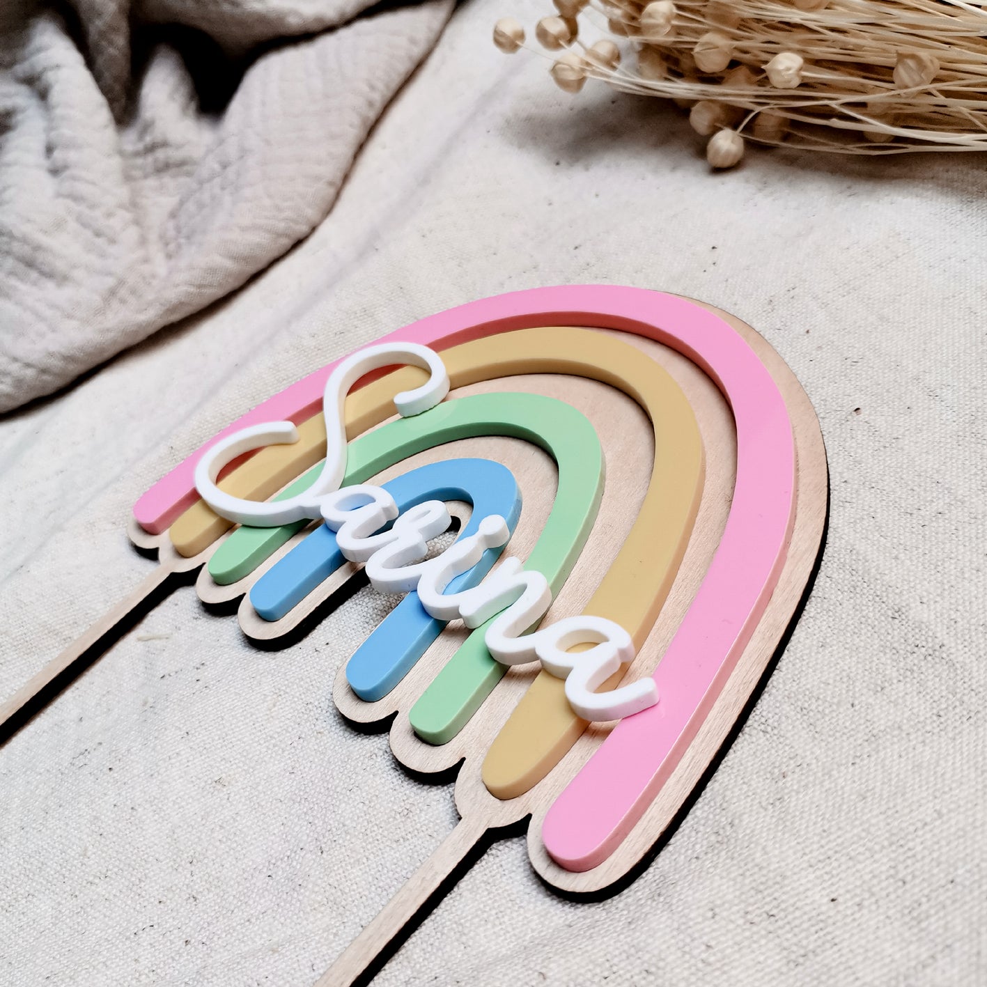 Cake Topper * Regenbogen in Pastellfarben * Personalisiert mit Namen * Holz & Acryl