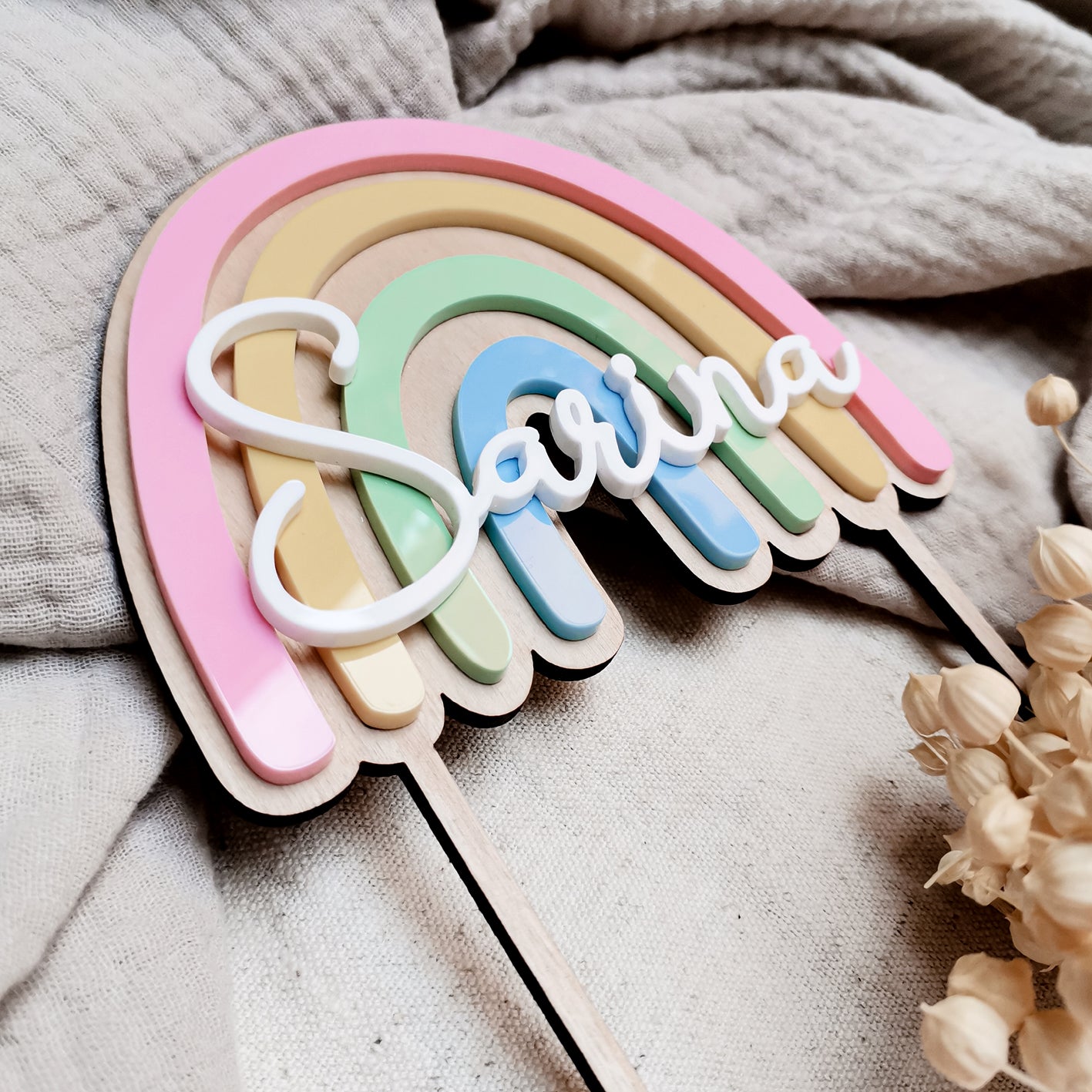 Cake Topper * Regenbogen in Pastellfarben * Personalisiert mit Namen * Holz & Acryl