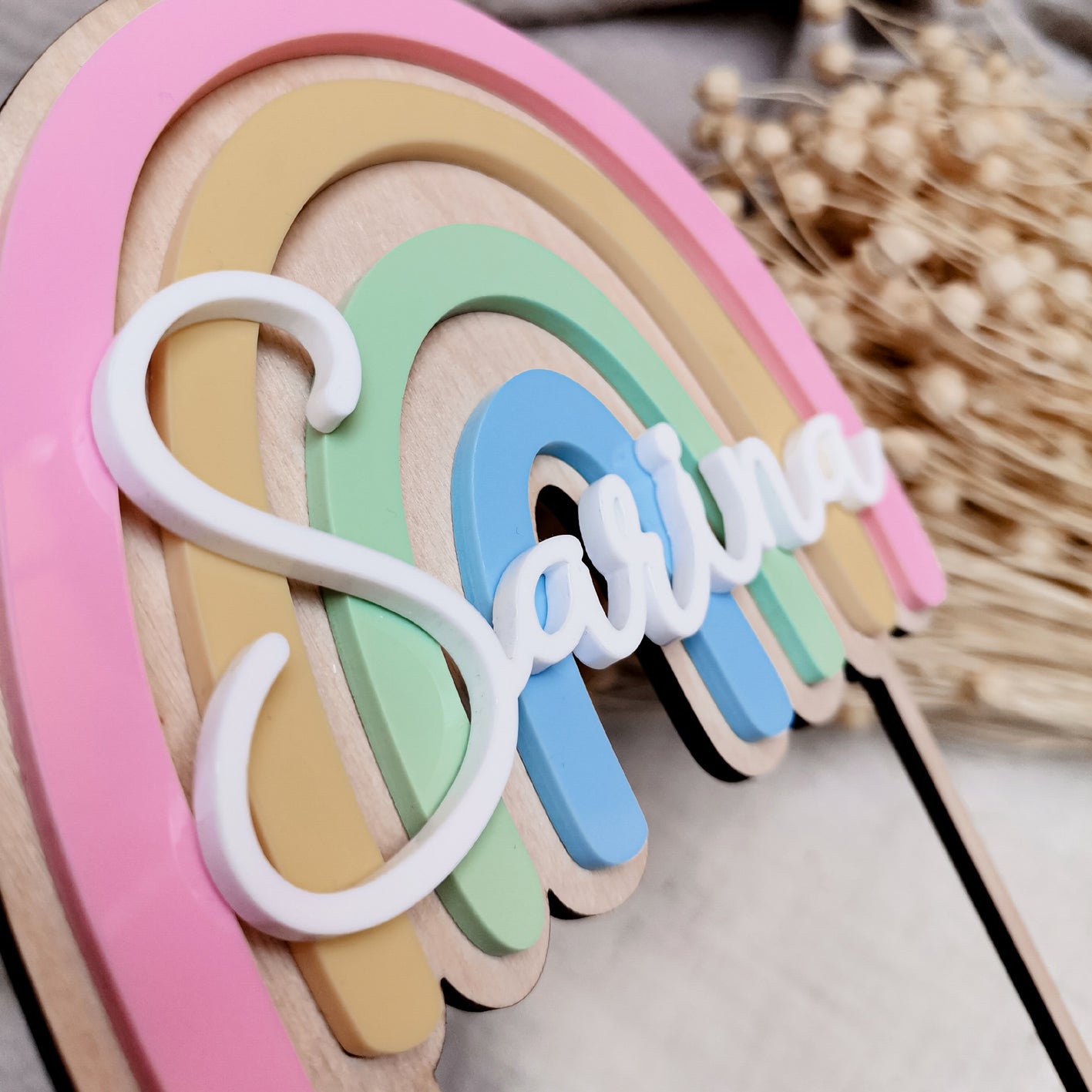 Cake Topper * Regenbogen in Pastellfarben * Personalisiert mit Namen * Holz & Acryl