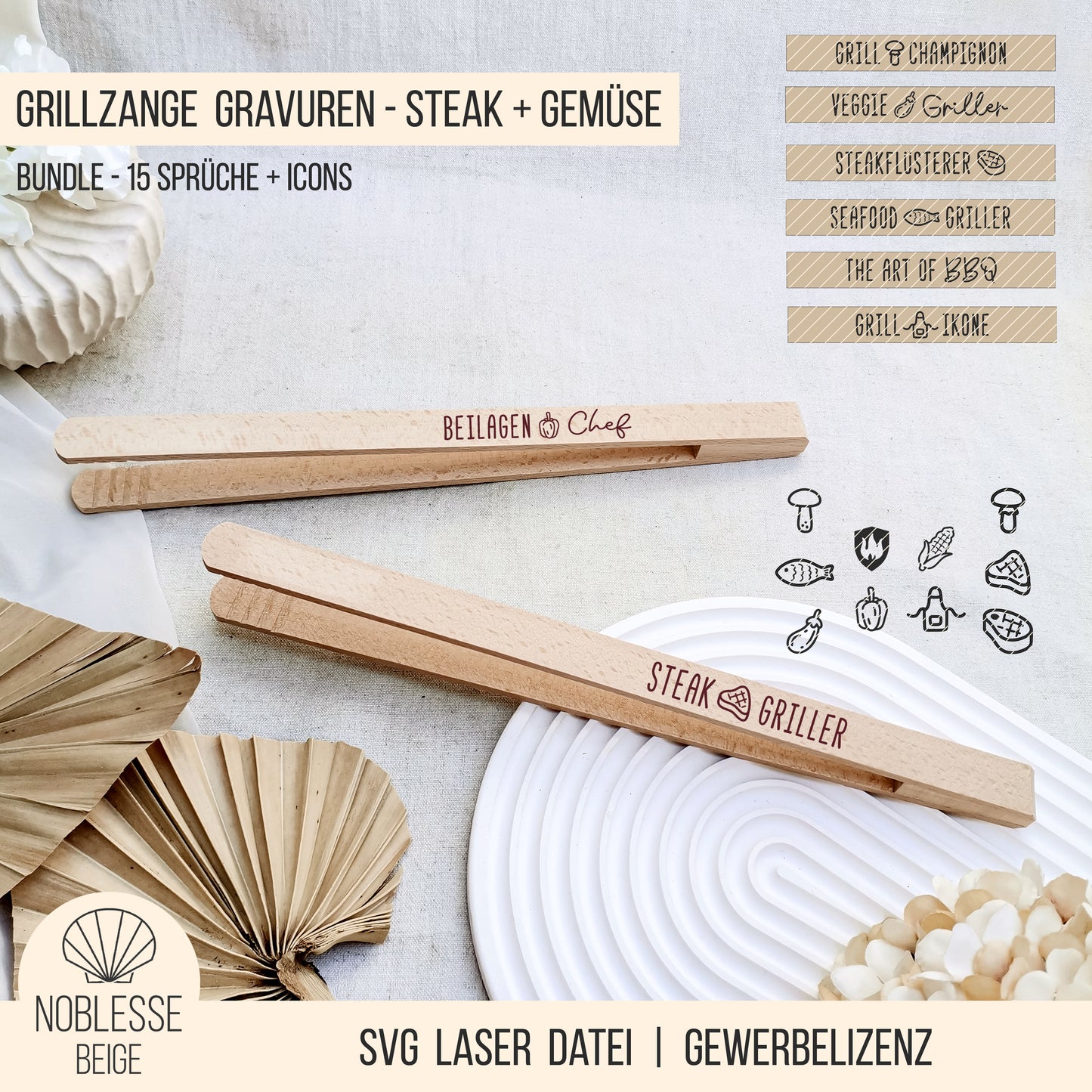 Grillzange Sprüche * für Steak | Gemüse | Veggie * Bundle mit 15 Gravuren + Griller Icons * SVG Laserdatei