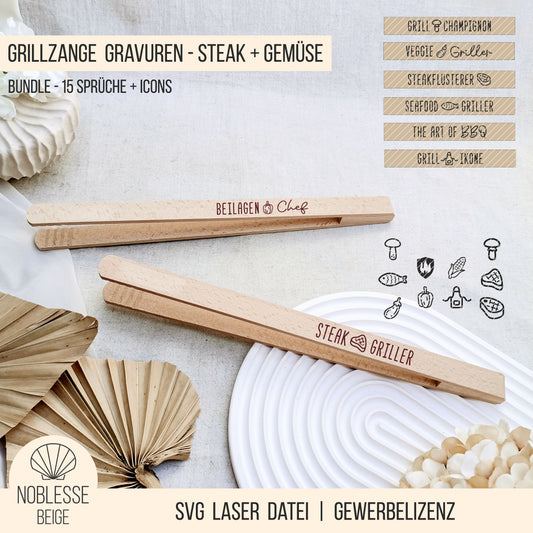 Grillzange Sprüche * für Steak | Gemüse | Veggie * Bundle mit 15 Gravuren + Griller Icons * SVG Laserdatei