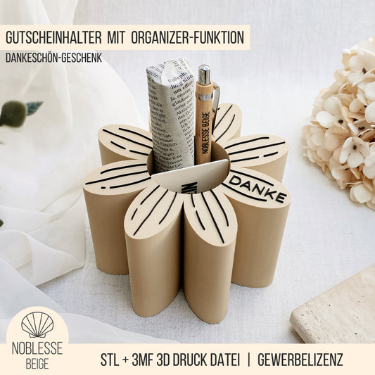Gutscheinhalter Blume & Schreibtisch Organizer * Dankeschön Geschenk für Lehrer, Erzieher & Kollegen * STL + 3MF 3D Druckdatei