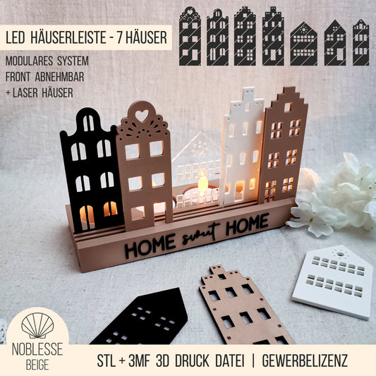 LED Häuserleiste Dekoleiste * Kombileiste für 3D Druck und Laser Einschieber * 3mm * STL + 3MF 3D Druckdatei  | SVG Laserdatei