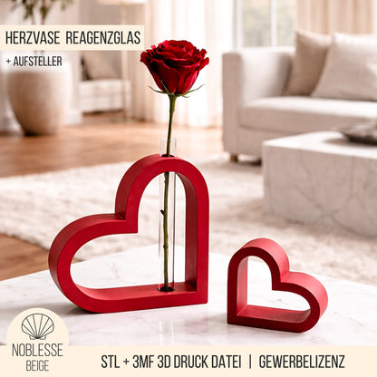 Herz Vase für Reagenzglas * Vase & Aufsteller * Bundle * STL + 3MF 3D Druckdatei