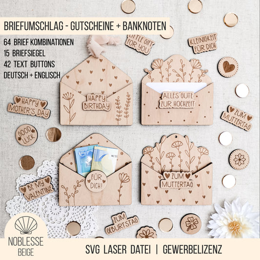 Briefumschlag mit Blumen * für Gutschein | Geld | Banknoten * Geschenk Geburtstag + diverse Anlässe* mit Buttons * SVG Laserdatei