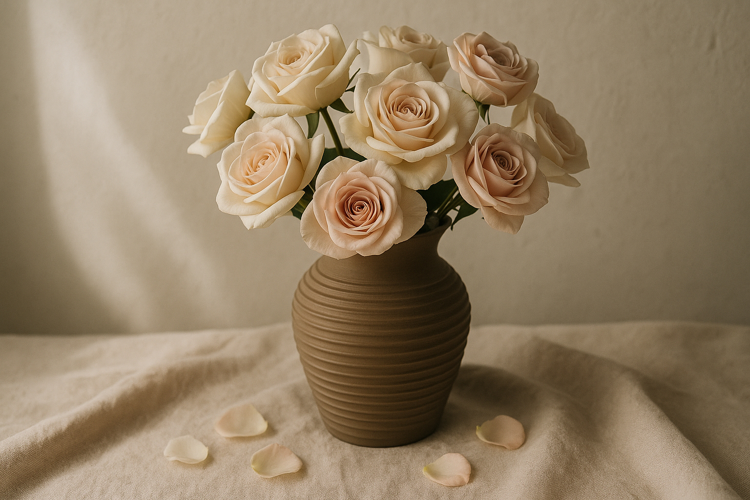 mache die vase nicht mit eckiger oberfläche sondern mit gedrehten rillen und lege noch ein paar rosenblüten von den oberen rosen auf das tuch