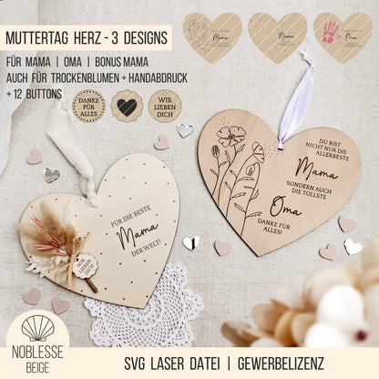 Herz Schild für Mama | Oma | Bonusmama * Geschenk Muttertag * mit Anhängern * Bundle * SVG Laserdatei
