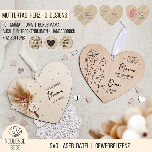 Herz Schild für Mama | Oma | Bonusmama * Geschenk Muttertag * mit Anhängern * Bundle * SVG Laserdatei