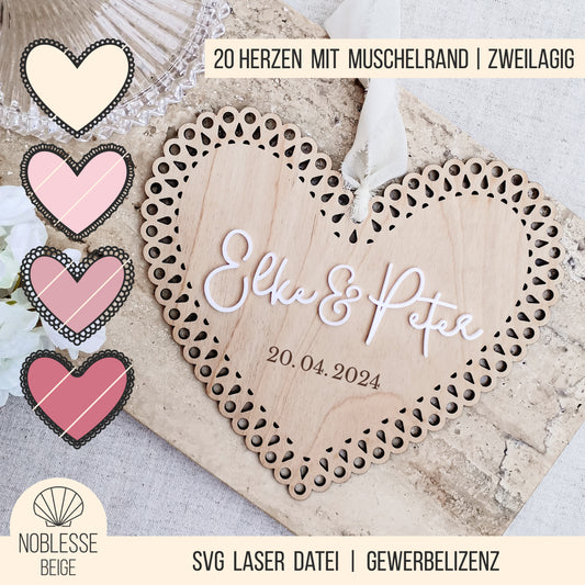 Herz Schild Muschelrand * einlagig | zweilagig * Bundle mit 20 Designs * SVG Laserdatei