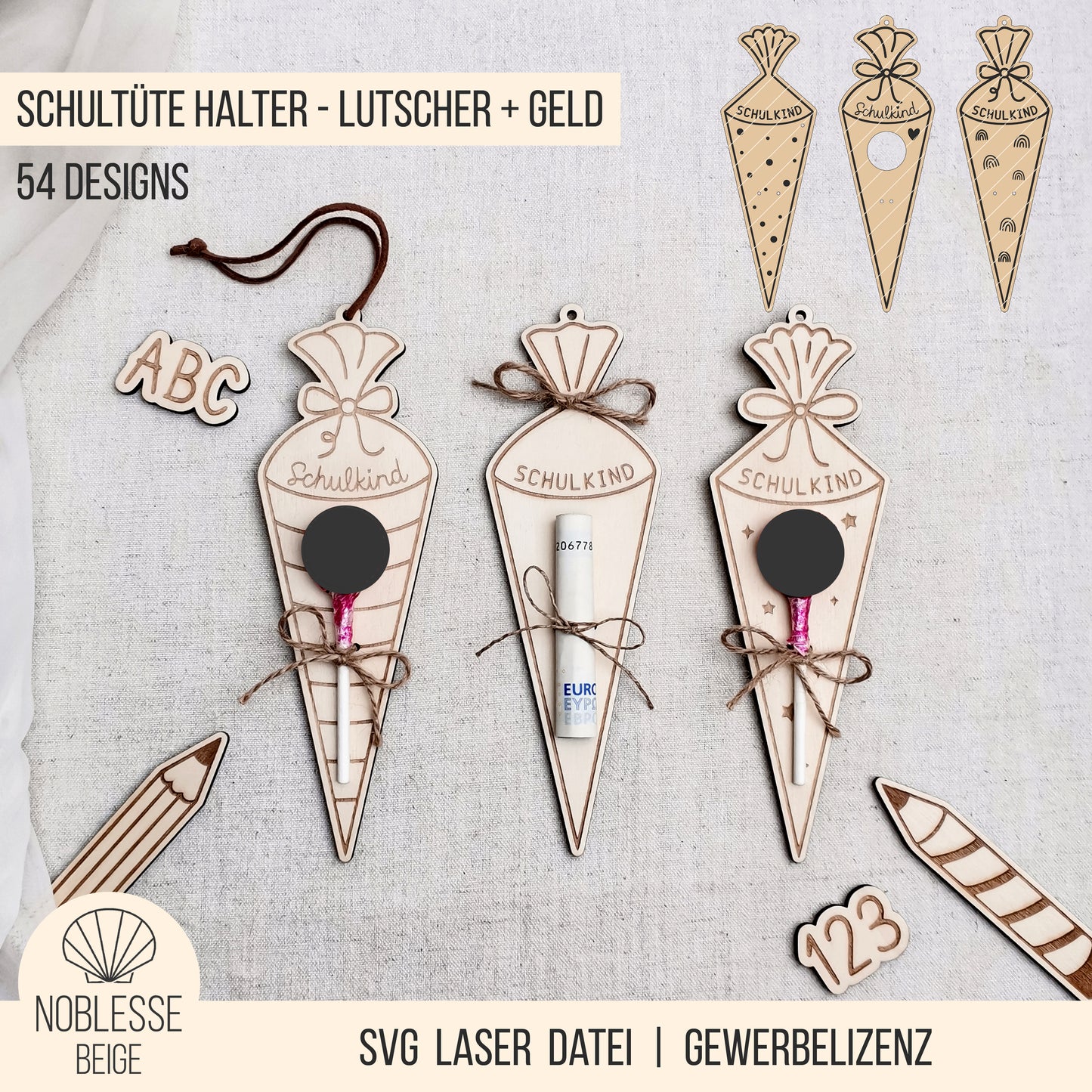 Schultüte * Halter für Lutscher | Geld * Bundle * 54 Designs * SVG Laserdatei