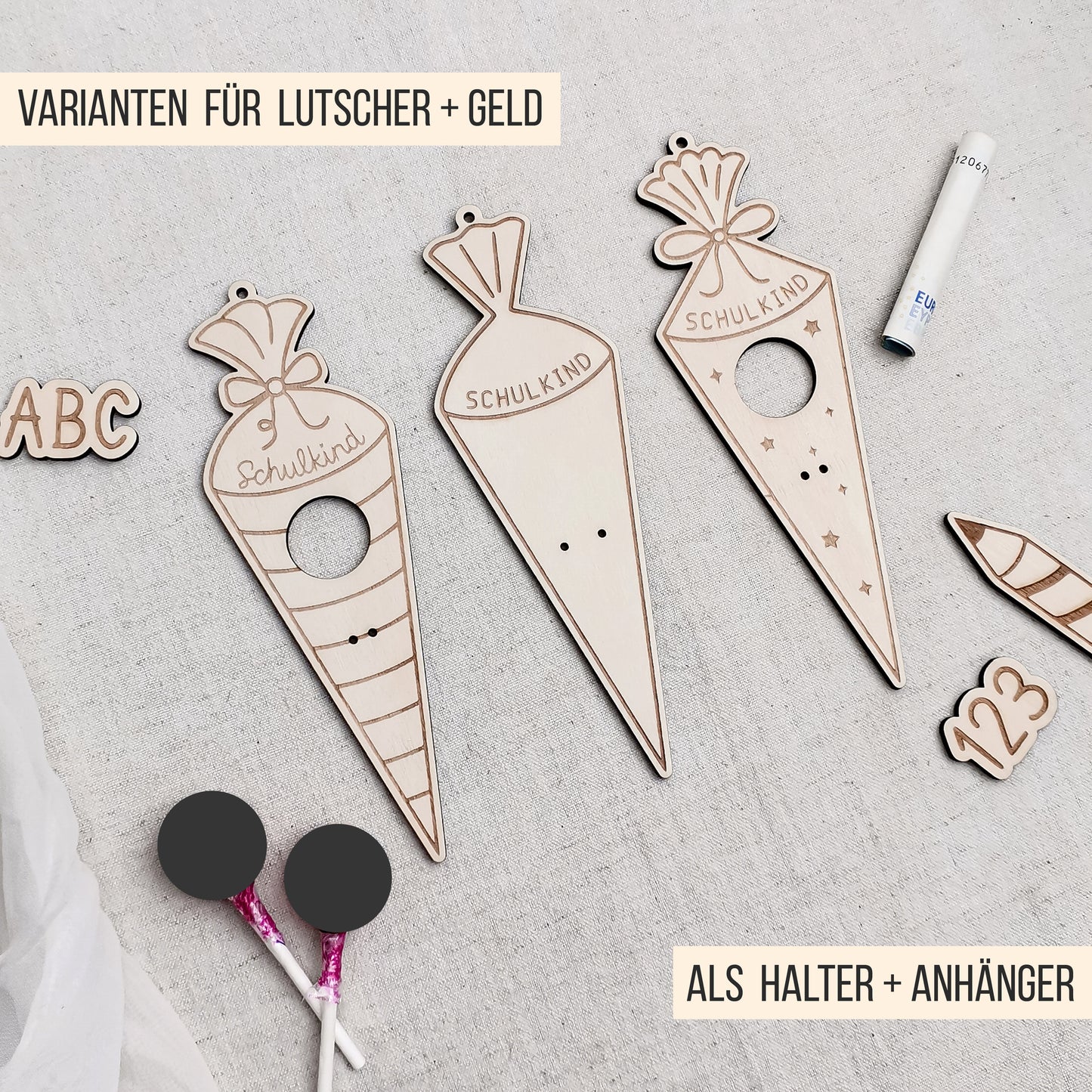 Schultüte * Halter für Lutscher | Geld * Bundle * 54 Designs * SVG Laserdatei