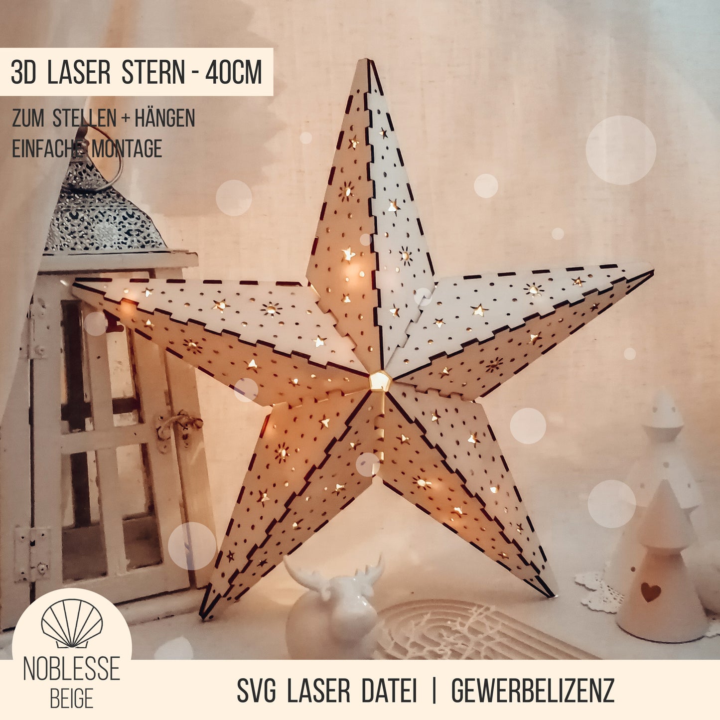 3D Stern * dreidimensionaler Weihnachtsstern | Leuchtstern für LED Lichterkette * 40cm * Design Sonne Mond Sterne * 3mm | 4mm * SVG Laserdatei