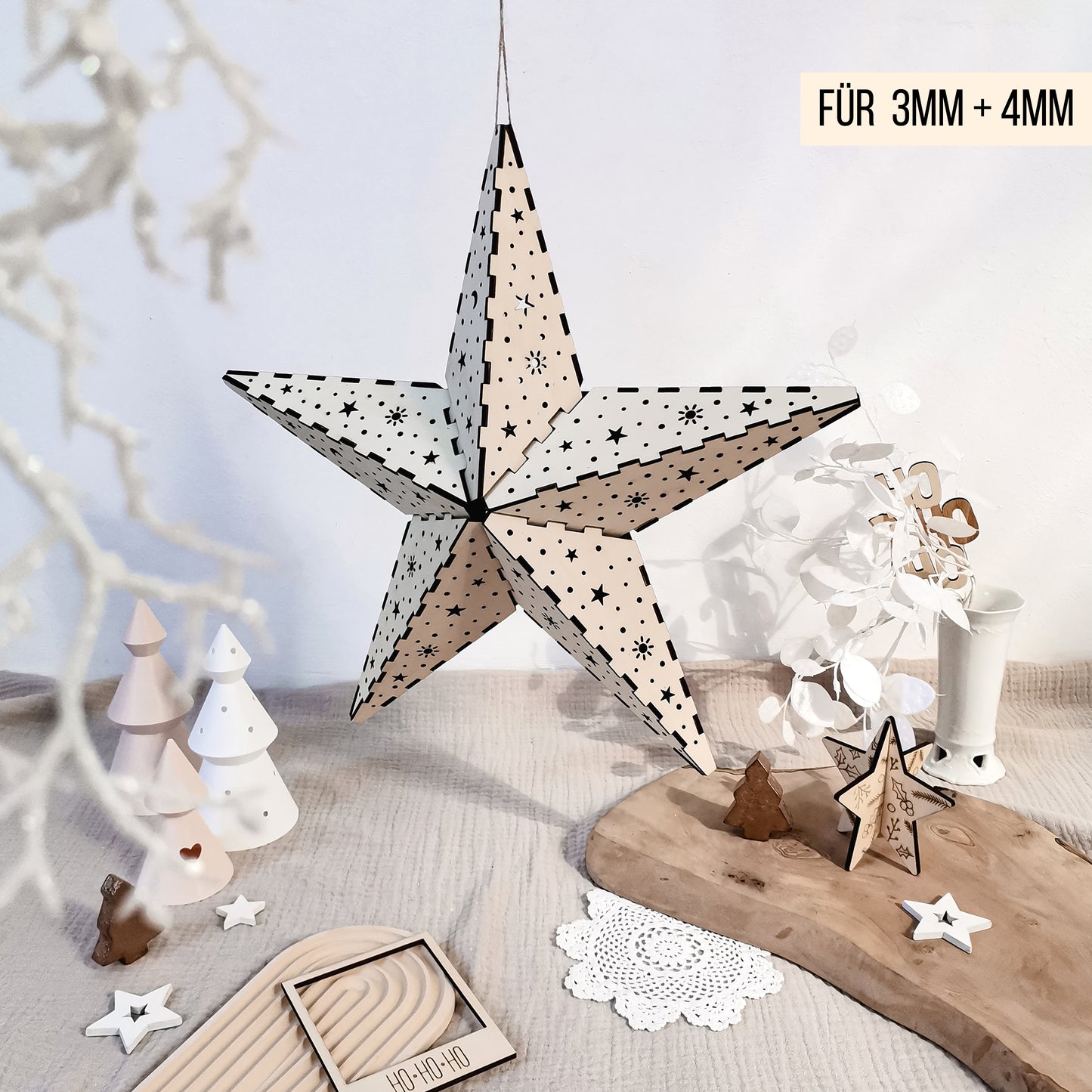 3D Stern * dreidimensionaler Weihnachtsstern | Leuchtstern für LED Lichterkette * 40cm * Design Sonne Mond Sterne * 3mm | 4mm * SVG Laserdatei