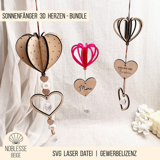 Sonnenfänger * 3D Herz für Kristall * dreidimensionale Herzen zum Stecken * 3mm | 4mm * Bundle * SVG Laserdatei